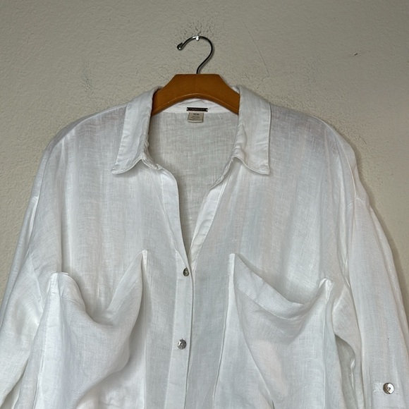 Magaschoni 100% Linen Oversized Roll Tab Sleeve Collared Button Up Top White MED - Picture 6 of 9
